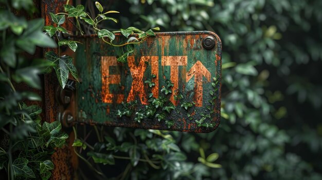 A rustcovered exit sign is gradually being engulfed by creeping ivy symbolizing the relentless power of nature over manmade objects