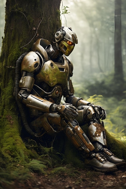 A rusted cyborg human sits down in a tree a full metal body covered in moldy grass moss and dirt