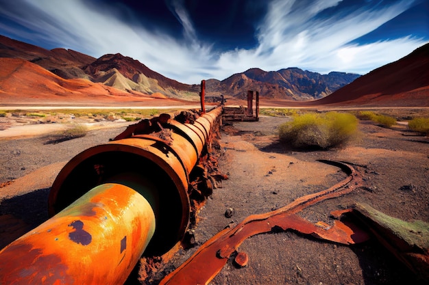 Rusted and decaying gas pipeline in desolate valley