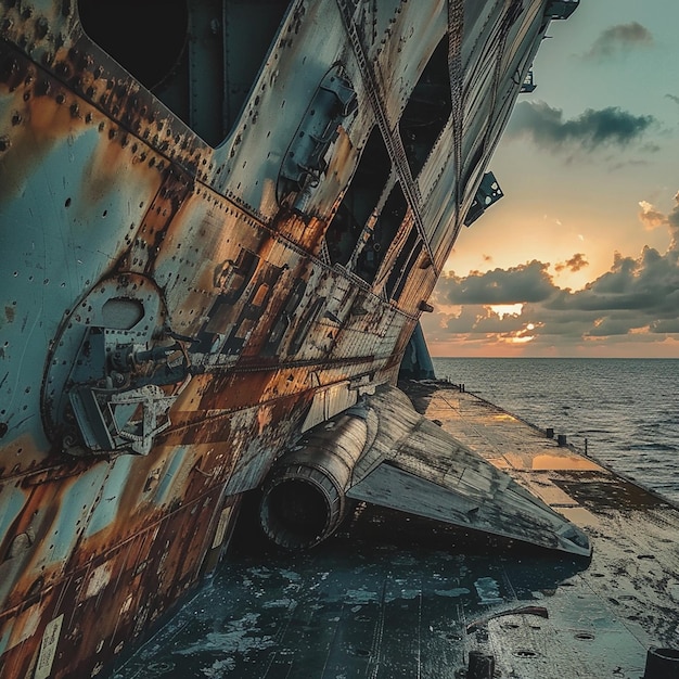 Photo rusted fighter jet on a sinking aircraft carrier