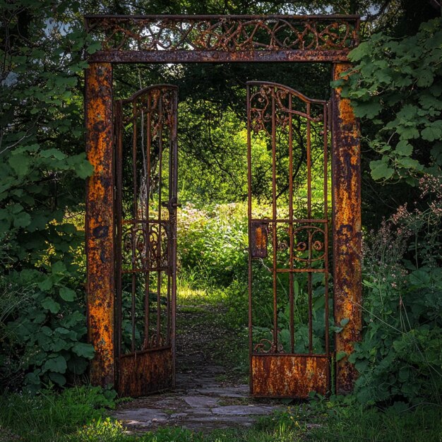 A rusted gate leading into a forgotten garden