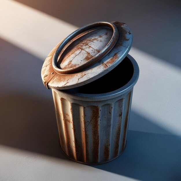 Photo a rusted metal trash can with a lid that says quot rust quot on it