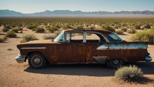 a rusted old car in the middle of a desert