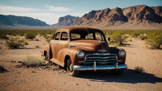 a rusted old car in the middle of a desert