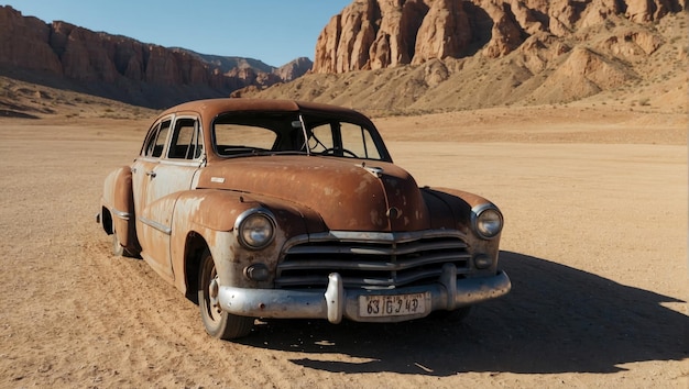 a rusted old car in the middle of a desert