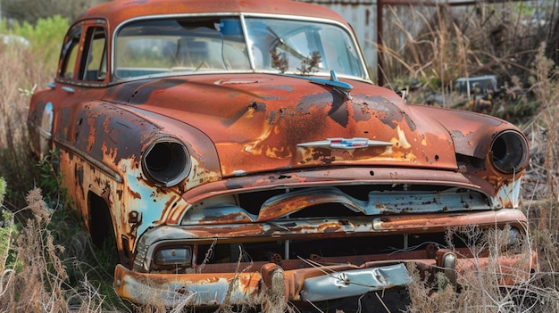 a rusted old car with the word  rust  on the side