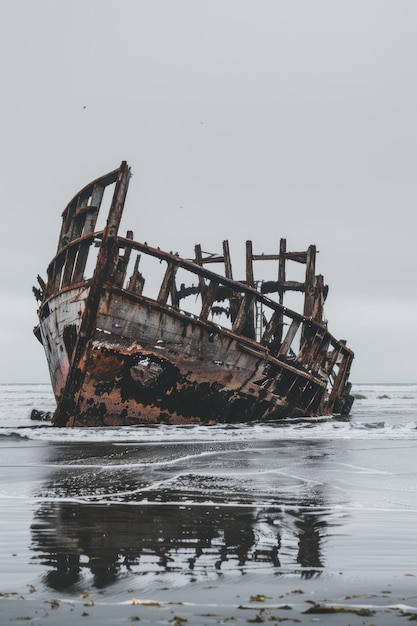 Photo rusted shipwreck on a sandy beach with waves