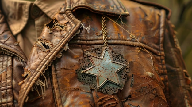 A rusted tarnished sheriffs star badge hanging off a frayed leather vest