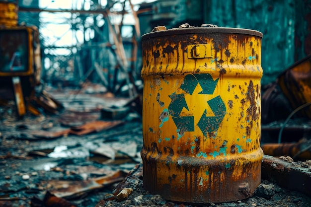 Rusted yellow and blue recycling bin is in burned out building