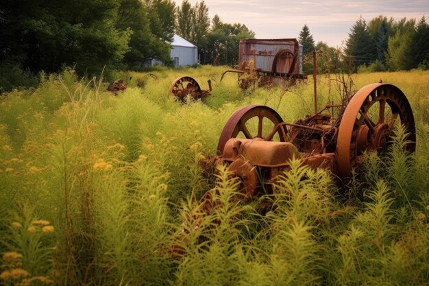 Rustedout farm equipment in overgrown field created with generative ai