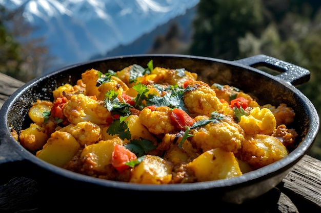 Photo rustic aloo gobi in a cast iron skillet garnished with cilantro set against the majestic snowcapped himalayas