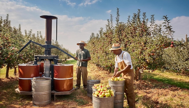 Photo a rustic apple orchard with a traditional cider press in use and barrels of freshly pressed cider