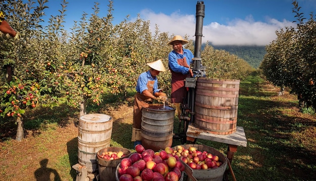 A Rustic Apple Orchard with a Traditional Cider Press in Use and Barrels of Freshly Pressed Cider