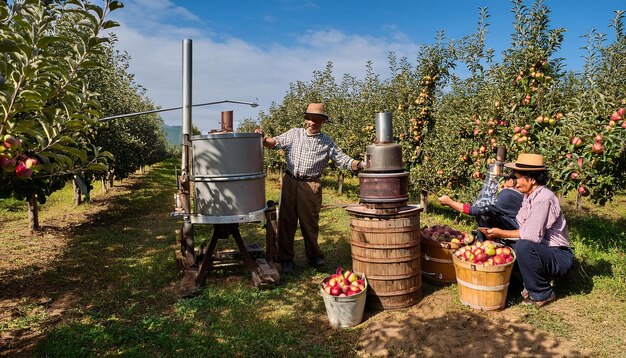 A Rustic Apple Orchard with a Traditional Cider Press in Use and Barrels of Freshly Pressed Cider