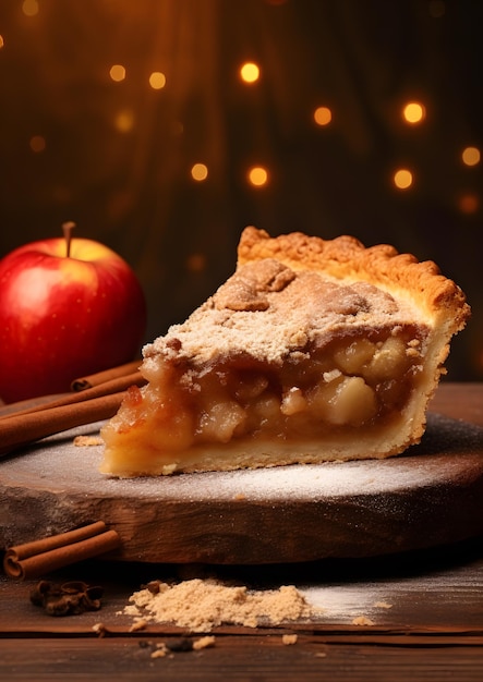 Photo rustic apple pie slice with cinnamon topping