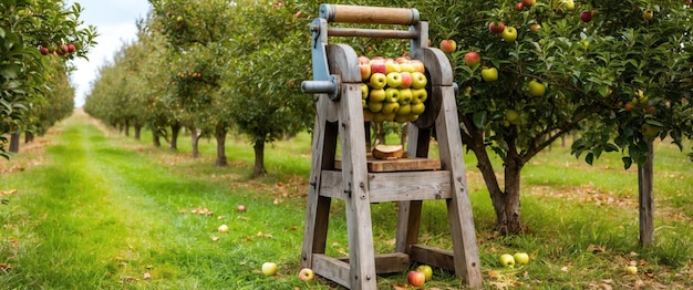 Photo rustic apple press in an orchard during harvest time symbolizing fall bounty