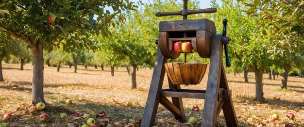 Photo rustic apple press in an orchard during harvest time symbolizing fall bounty