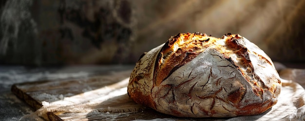 Photo rustic artisanal bread with a golden crusty outside is served on a wooden table