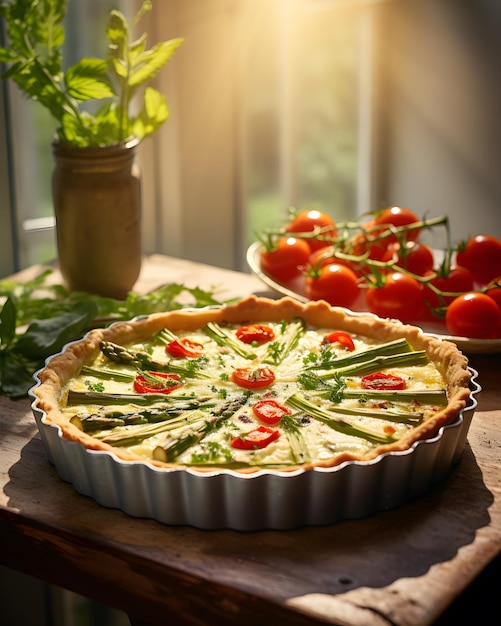 Rustic Asparagus and Tomato Quiche in Natural Light