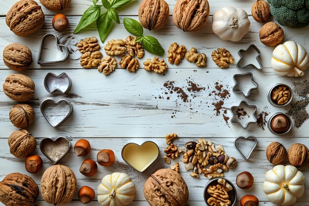 Photo rustic autumn baking scene with nuts spices and cookie cutters for holiday recipes and food photography