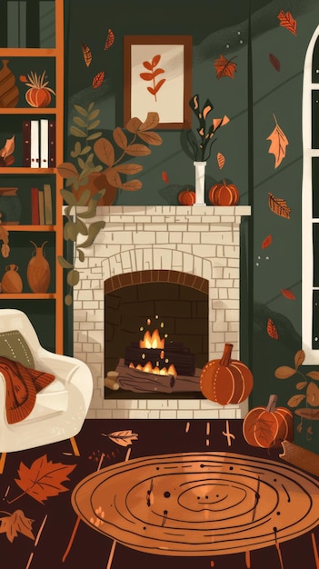 Photo rustic autumn living room with fireplace and cozy decor