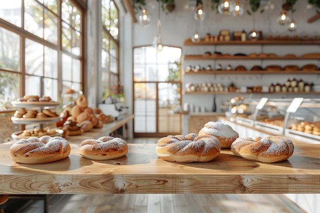 Rustic Bakery Interior Boasting Fresh Breads and Pastries on Wooden Shelves and Countertops Under