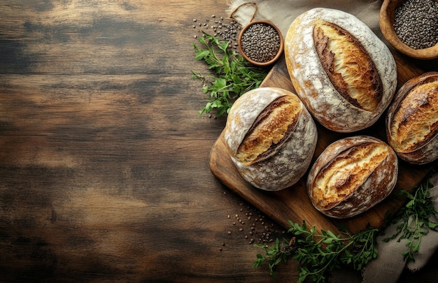 Photo rustic bakery scene with artisanal breads and seeds arranged on a wooden table surface