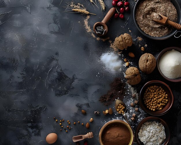 Photo rustic baking ingredients dark background flour sugar nuts