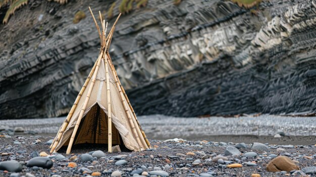 Photo rustic bamboo teepee on rocky beach with rocky cliff background