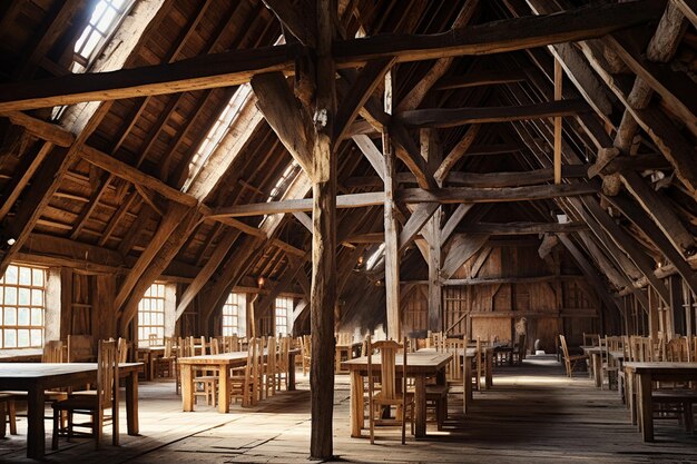 Rustic barn interior with string lights and hay bales