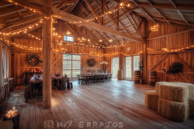 Photo a rustic barn interior with wooden beams string lights and hay bales set up for a wedding reception or event