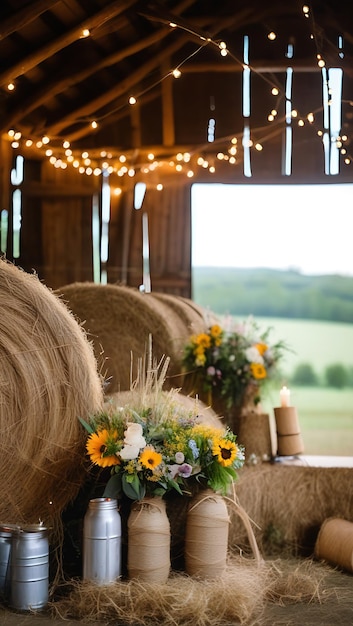 Photo rustic barn wedding with hay bales string lights and wildflowers generative ai