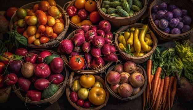 Rustic basket of fresh organic vegetables and fruit generated by AI