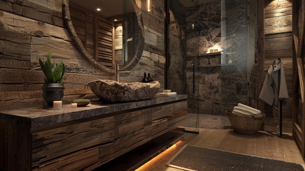 Rustic Bathroom with Stone Sink and Wooden Walls