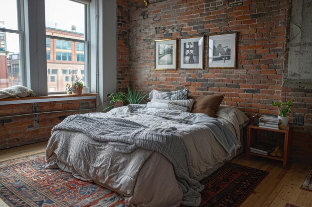 Rustic Bedroom with Exposed Brick Walls and Comfortable Soft Bedding