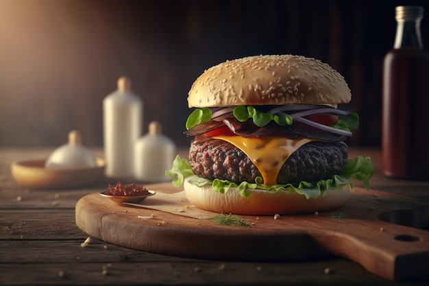 Rustic Beef Burger Illustration AI Generative