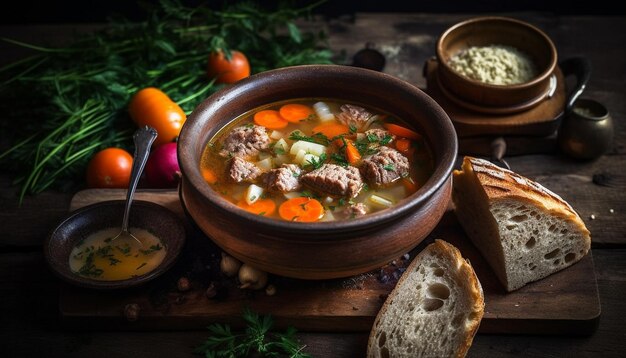 A rustic beef stew on wood table generated by AI