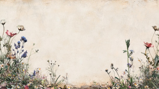 Rustic Beige Wall with Wildflower Border Vintage Floral Texture Background