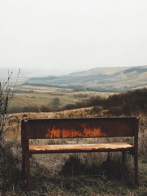 Photo rustic bench overlooking serene landscape nature tranquility and reflection