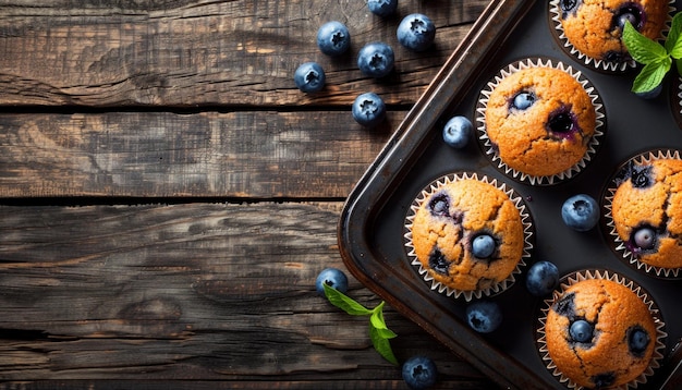 Rustic Blueberry Muffins on Wooden Background