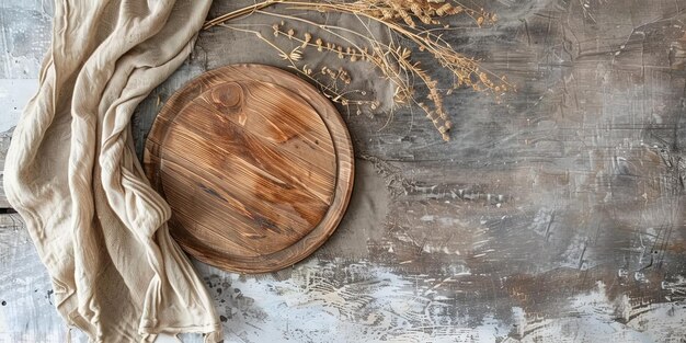 Photo rustic boho style with wooden plate and natural textiles