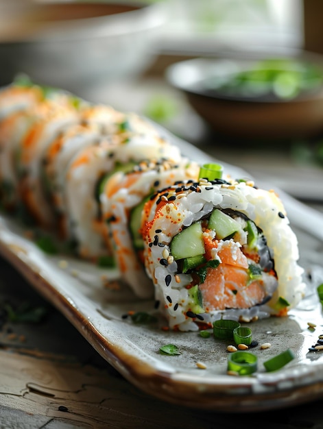 Rustic Boston Roll sushi on ceramic plate with light background