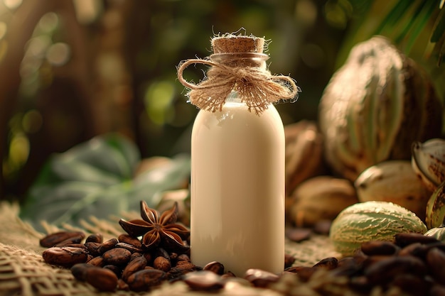 A rustic bottle of cacao water amidst cocoa beans and pods symbolizing natural hydration