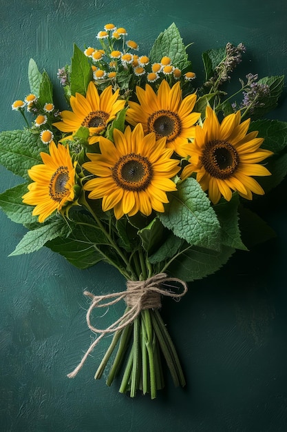 Photo a rustic bouquet featuring sunflowers chamomile and sprigs of mint tied with jute twine isolated on a pastel green background