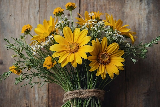 Rustic bouquet with yellow wildflowers