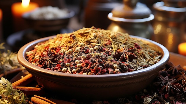 A rustic bowl full of aromatic spices nice spices background