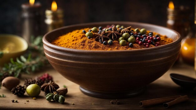 A rustic bowl full of aromatic spices