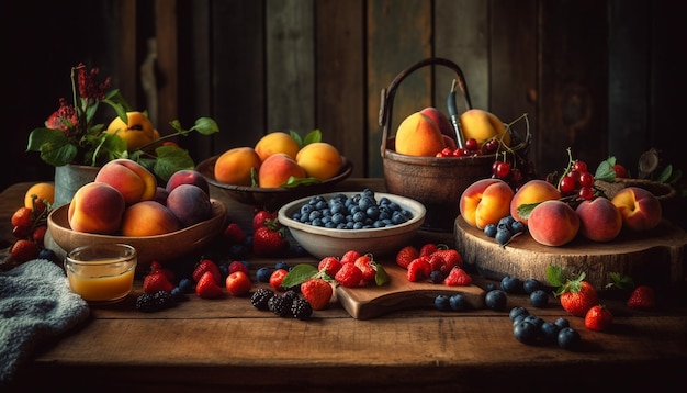 Rustic bowl of ripe berry fruit outdoors generated by AI