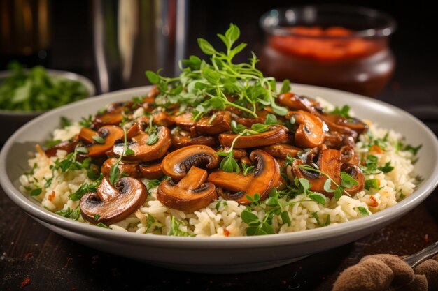 Rustic Bowl of Risotto with Tender Arborio Rice and Savory Mushrooms Generative AI