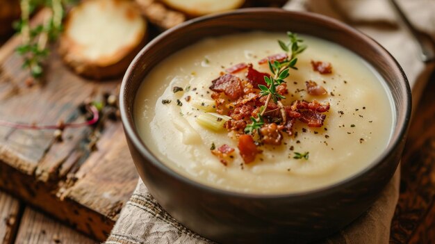 Photo rustic bowl of velvety potato and leek puree soup garnished with crispy bacon bits and a sprig of